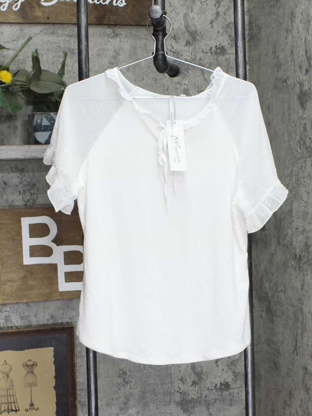 Ny Collection Petite Chiffon Short Ruffled Sleeve Crepe Knit Top Pl